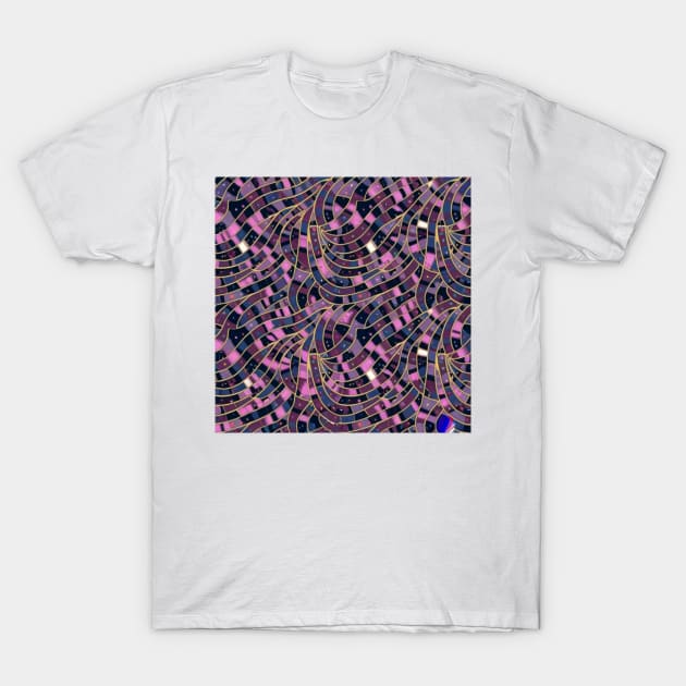 Geometric pattern of curved seamless stripes making a starry night with galaxy and stars T-Shirt by mooonthemoon